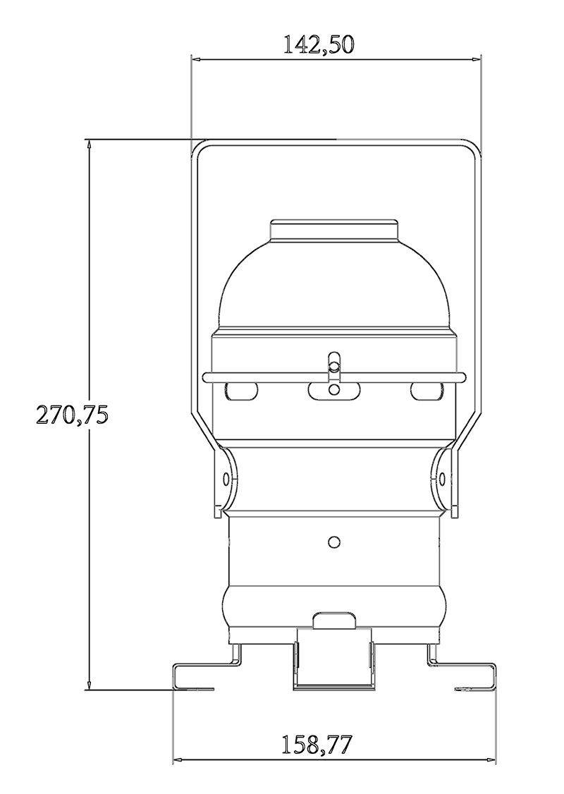 Disegno tecnico di un dispositivo cilindrico con dimensioni: altezza 270,75 mm, larghezza superiore 142,50 mm, larghezza inferiore 158,77 mm.