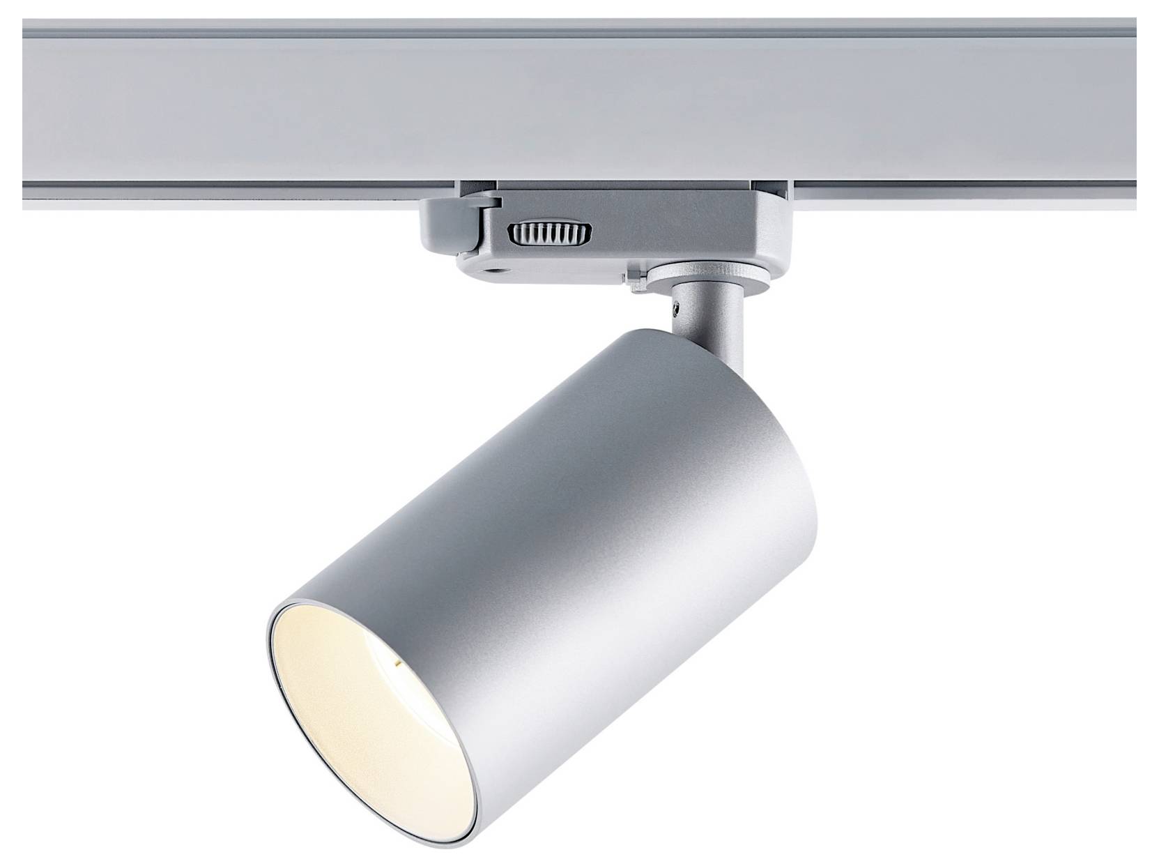 Faretto orientabile argento su binario, con testa cilindrica illuminata inclinata verso il basso, montato su una guida a soffitto.