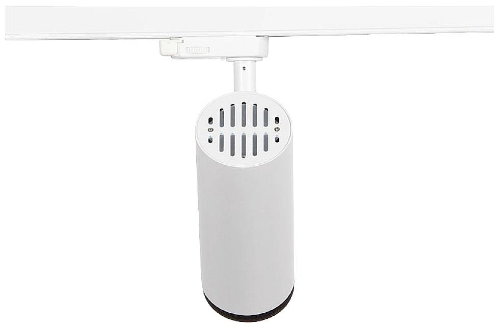 Un faretto cilindrico bianco montato su binario, con piccole fessure di ventilazione sul lato anteriore.