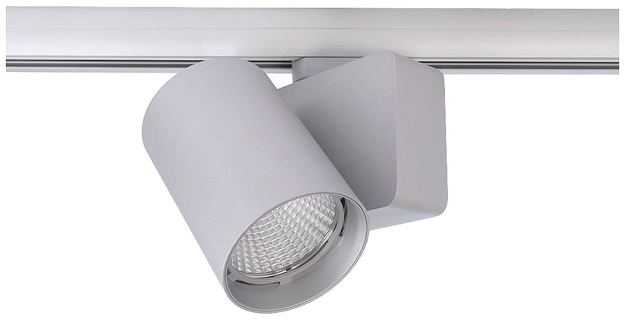 Faretto da soffitto a LED color argento opaco, dal design cilindrico, montato su binario.