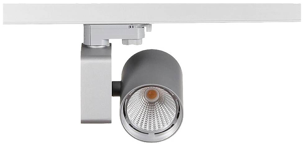 Una lampada da soffitto grigia, a forma di cilindro, montata su una barra e con testa regolabile, ideale per un'illuminazione mirata.