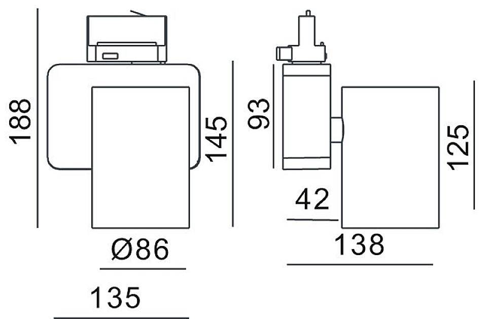 Disegno tecnico di un corpo illuminante con dimensioni: larghezza 135 mm, altezza 188 mm, profondità 138 mm, diametro Ø86 mm.