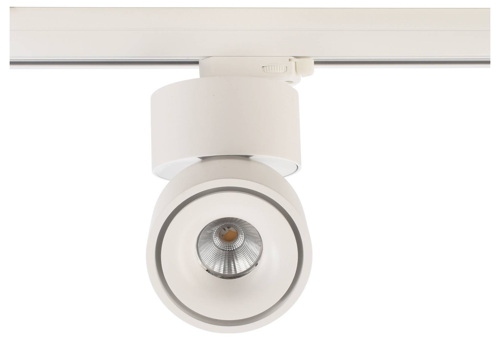 Faretto bianco su binario a soffitto, ripreso frontalmente su sfondo bianco neutro.