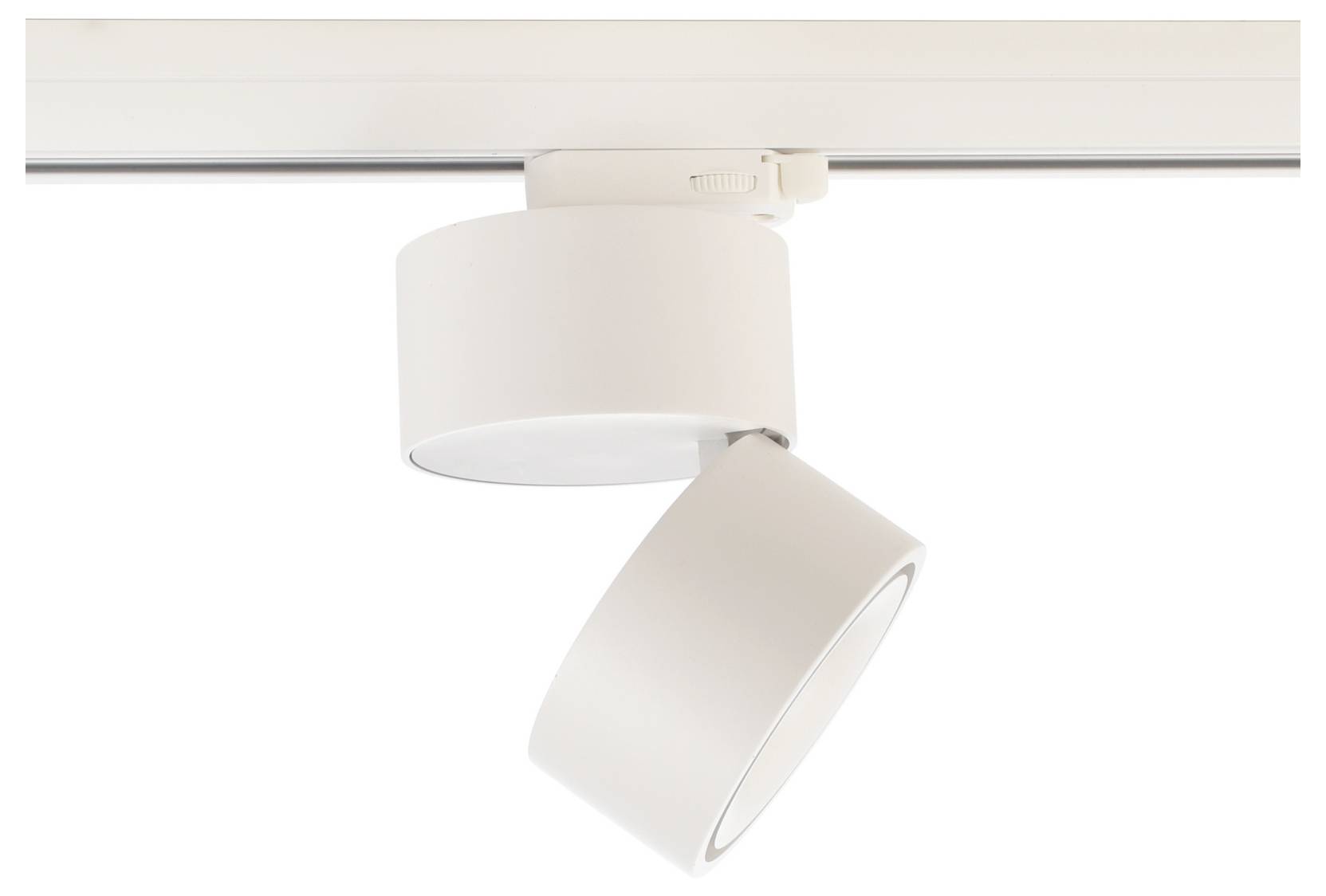 Binario regolabile bianco con due faretti cilindrici su una guida a soffitto, uno orientato verso il basso e l'altro inclinato verso l'esterno.
