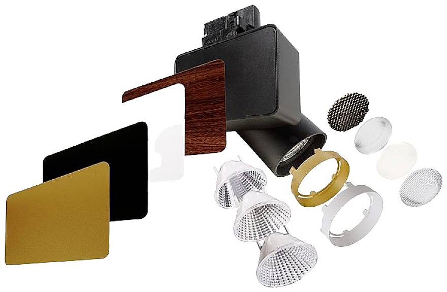 Vista esplosa di una lampada LED con vari componenti intercambiabili come lenti, filtri colorati e cornice di montaggio.