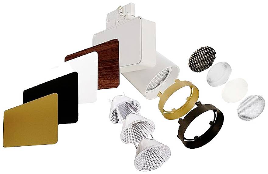 Un set di luci a binario LED con coperture intercambiabili in diversi colori e forme, nonché lenti per la diffusione della luce.