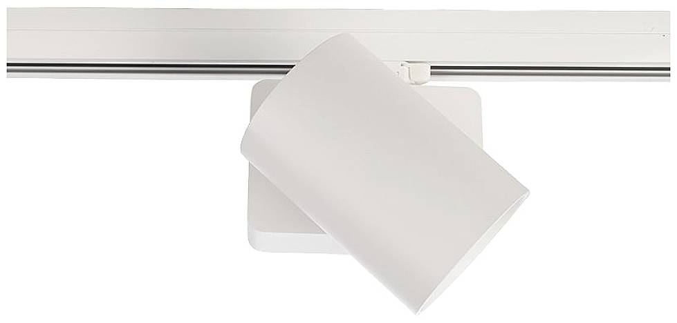 Un faretto da soffitto bianco e regolabile, montato su binario. Ideale per l'illuminazione puntuale in ambienti interni.