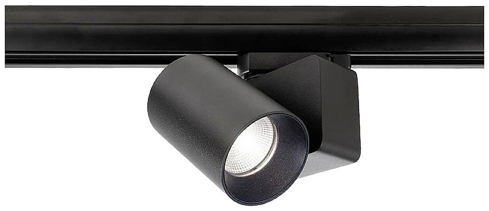 Proiettore LED cilindrico nero montato su binario, con luce focalizzata, adatto per un design d'interni moderno.