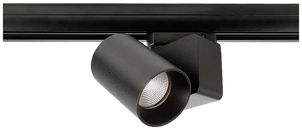 Un faretto LED nero montato su una cornice a soffitto, rivolto verso il basso. Ideale per un'illuminazione mirata di oggetti o ambienti.