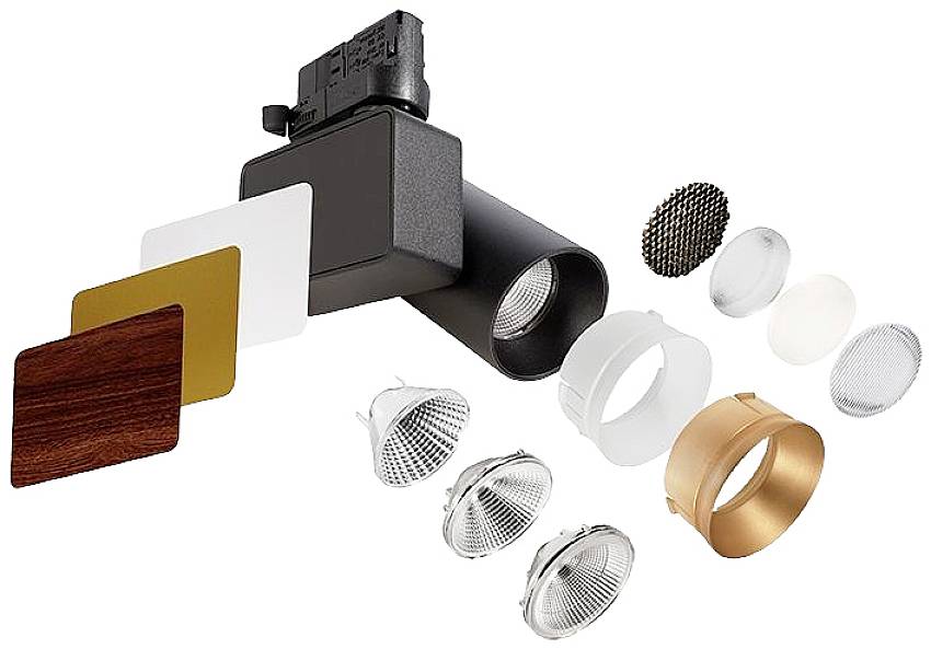 Un proiettore con diversi accessori e filtri colorati. Include filtri in bianco, oro e effetto legno, nonché un nido d'ape per la modulazione della luce.