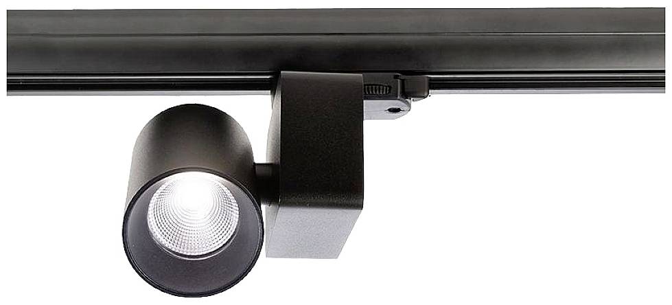 Proiettore LED nero montato su una guida a soffitto, illumina intensamente. Design moderno, adatto per un'illuminazione mirata.