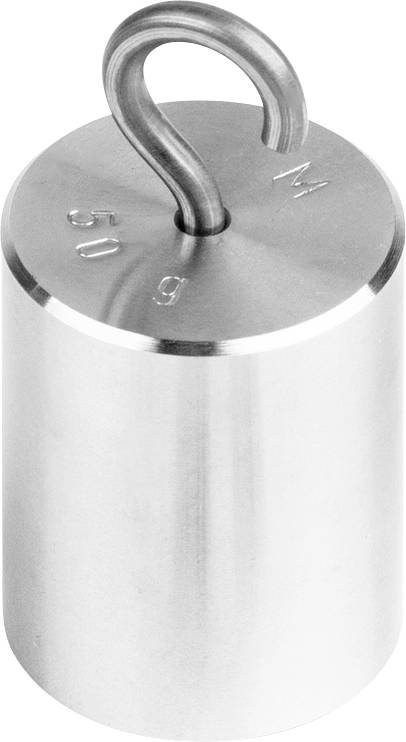 Un peso metallico cilindrico con un gancio in alto, contrassegnato con '50 g'.