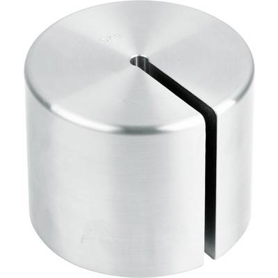 Supporto metallico cilindrico argentato con uno spacco verticale sul lato. Utilizzato per sostenere in modo sicuro cartelli o targhe.