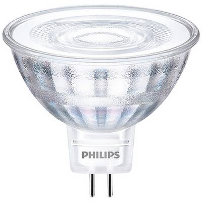 Una lampada spot a LED Philips con involucro trasparente, attacco GU5.3, adatta per illuminazione direzionale in ambienti interni.