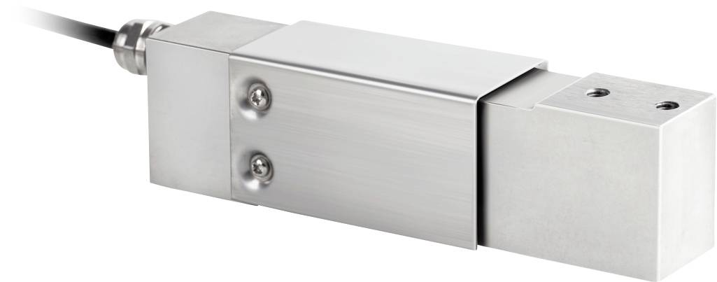 Un sensore rettangolare metallico con connessione via cavo, presumibilmente un trasduttore di carico, utilizzato per misurare peso o pressione.
