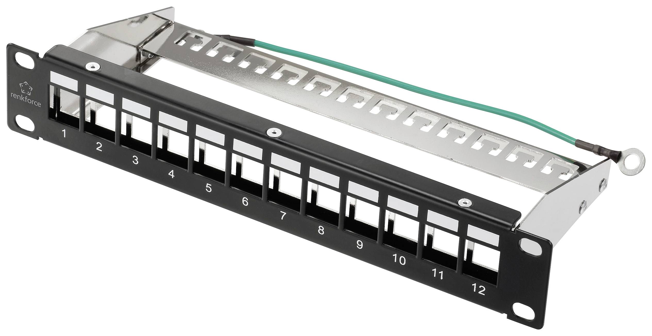 Patch panel con dodici porte Ethernet numerate, idoneo per il cablaggio di rete in una sala server o in un armadio di rete.