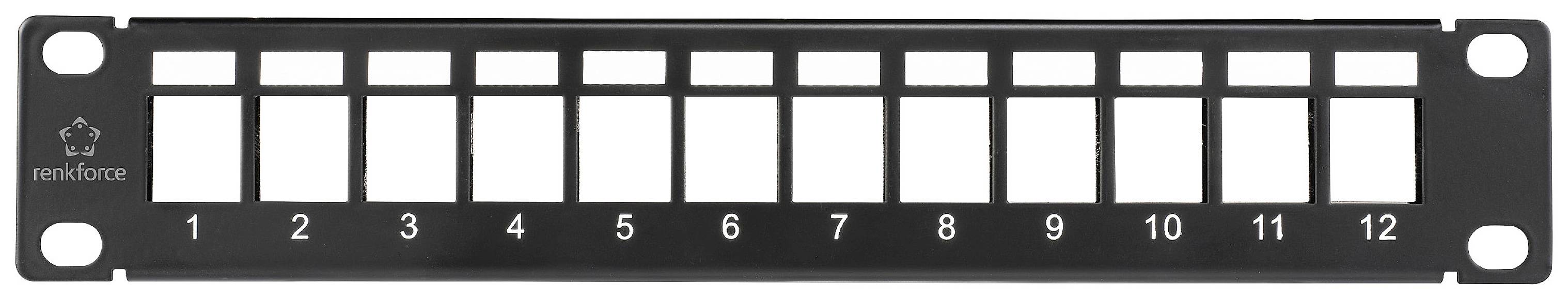 Un pannello di permutazione nero con dodici porte numerate da 1 a 12, per l'organizzazione dei cavi di rete, su sfondo bianco.