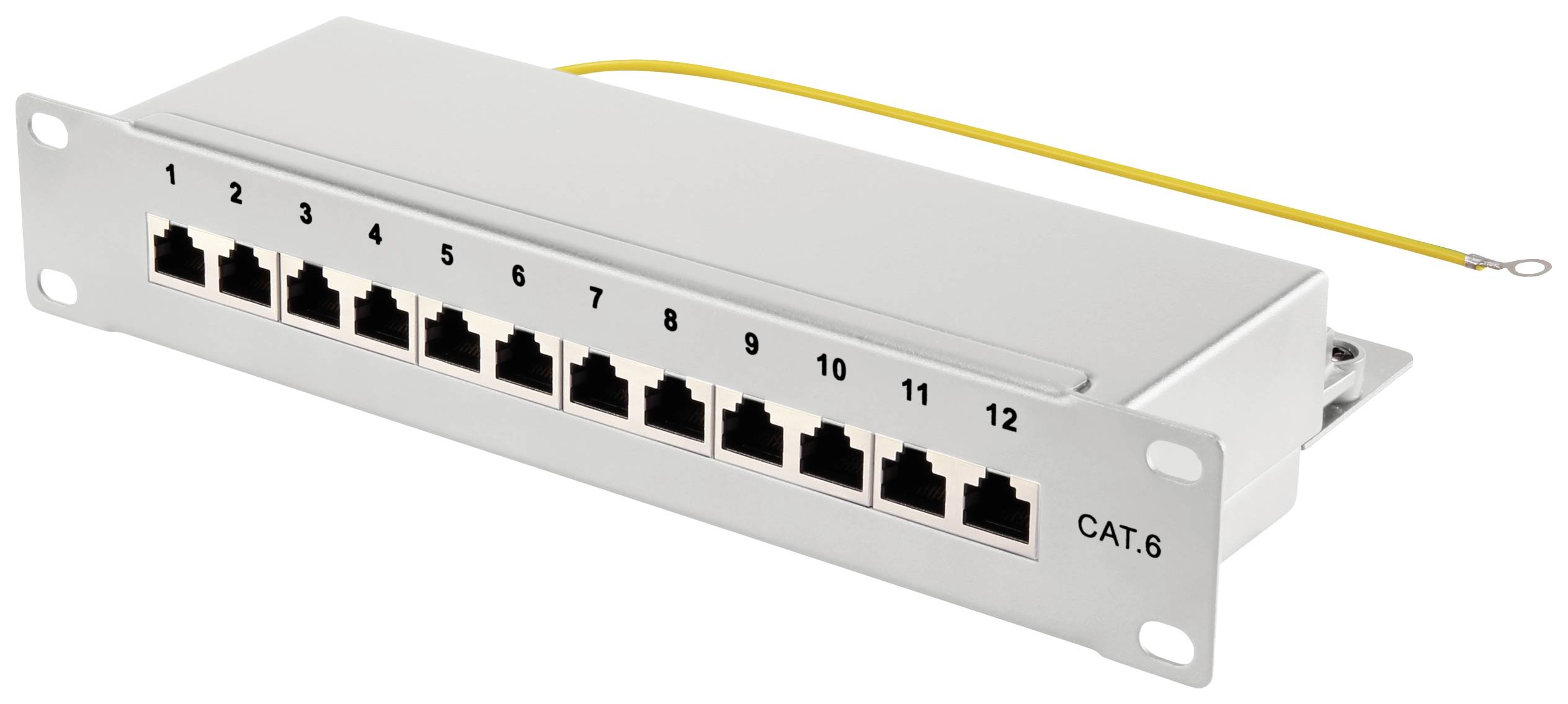 Patch panel con 12 connettori di rete RJ45, numerati da 1 a 12, con cavo di messa a terra giallo, idoneo per cablaggio CAT.6.