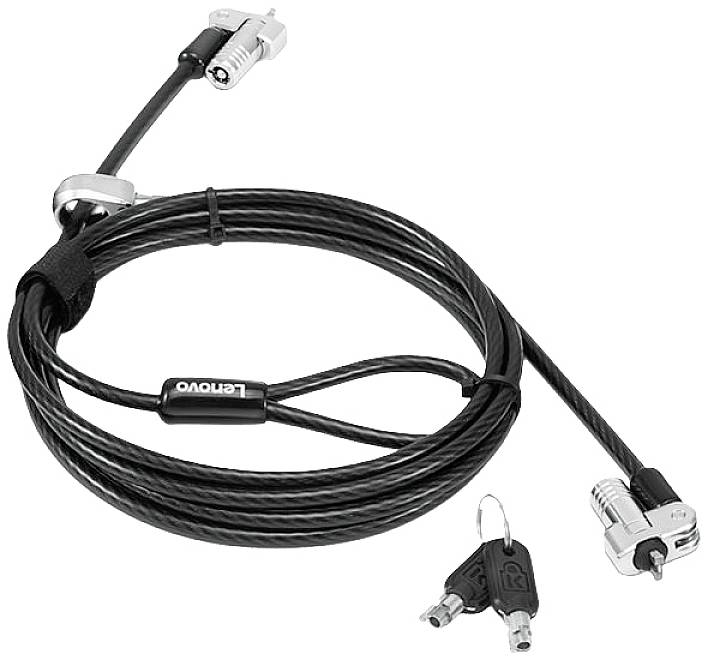 Lucchetto di sicurezza con cavo e due chiavi, con logo "Lenovo" sul cavo. Ideale per prevenire il furto di laptop o dispositivi.