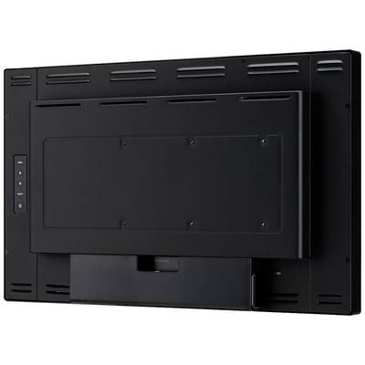 Retro di un monitor nero piatto con fessure di ventilazione e predisposizione per montaggio a parete.