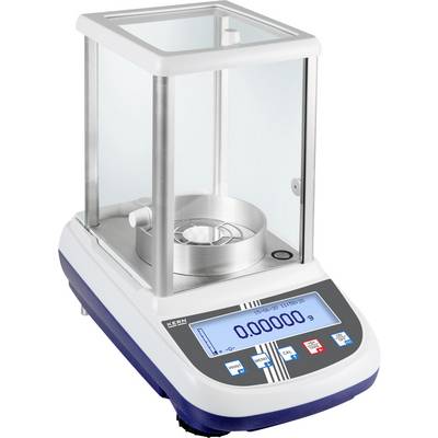 Bilancia di precisione con display digitale, che mostra '0,00000 g'. Involucro chiuso in vetro. Utilizzata per misurazioni di peso precise.