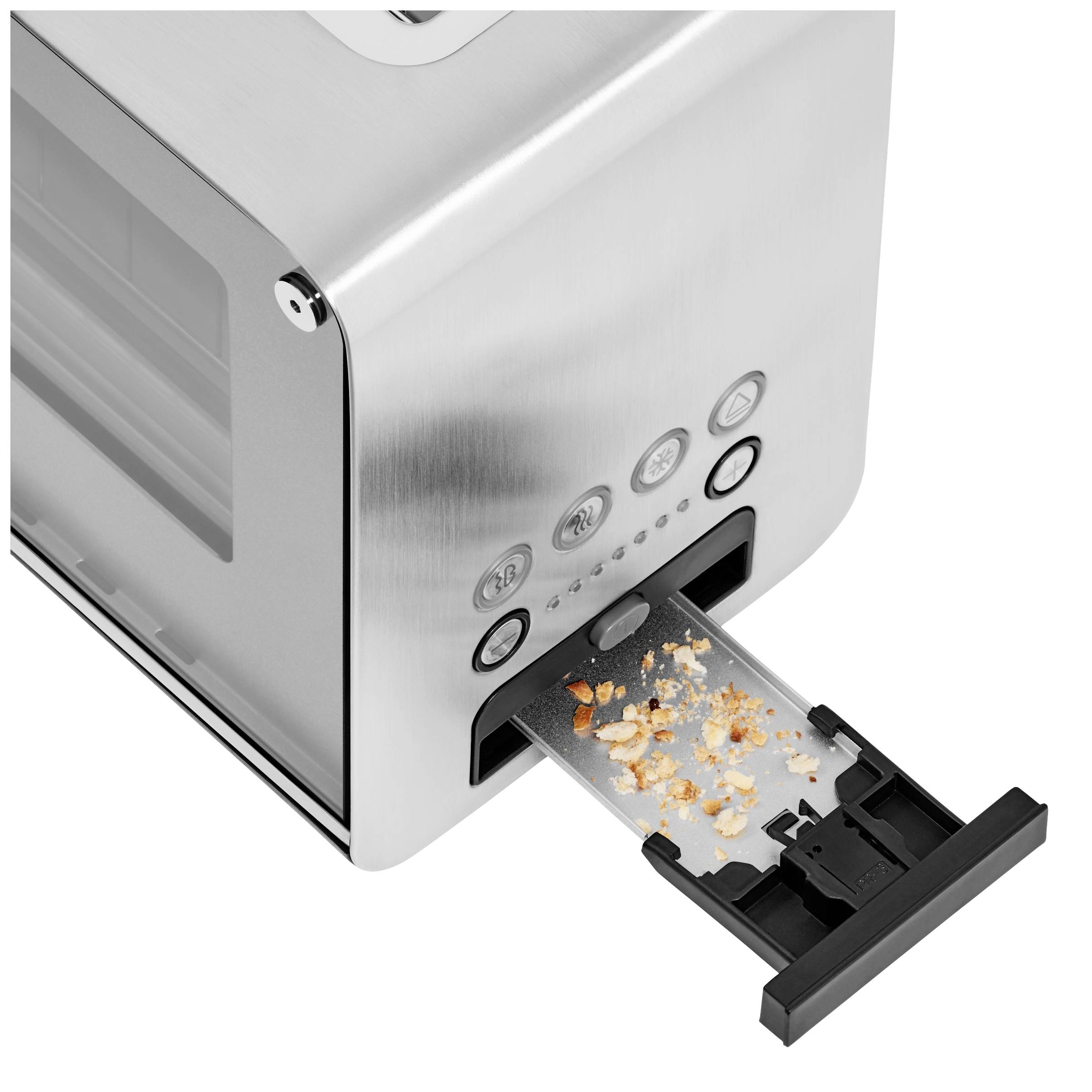 Un tostapane con il cassetto raccogli-briciole estratto e pieno di briciole, mostra la pulizia e la cura degli elettrodomestici da cucina.