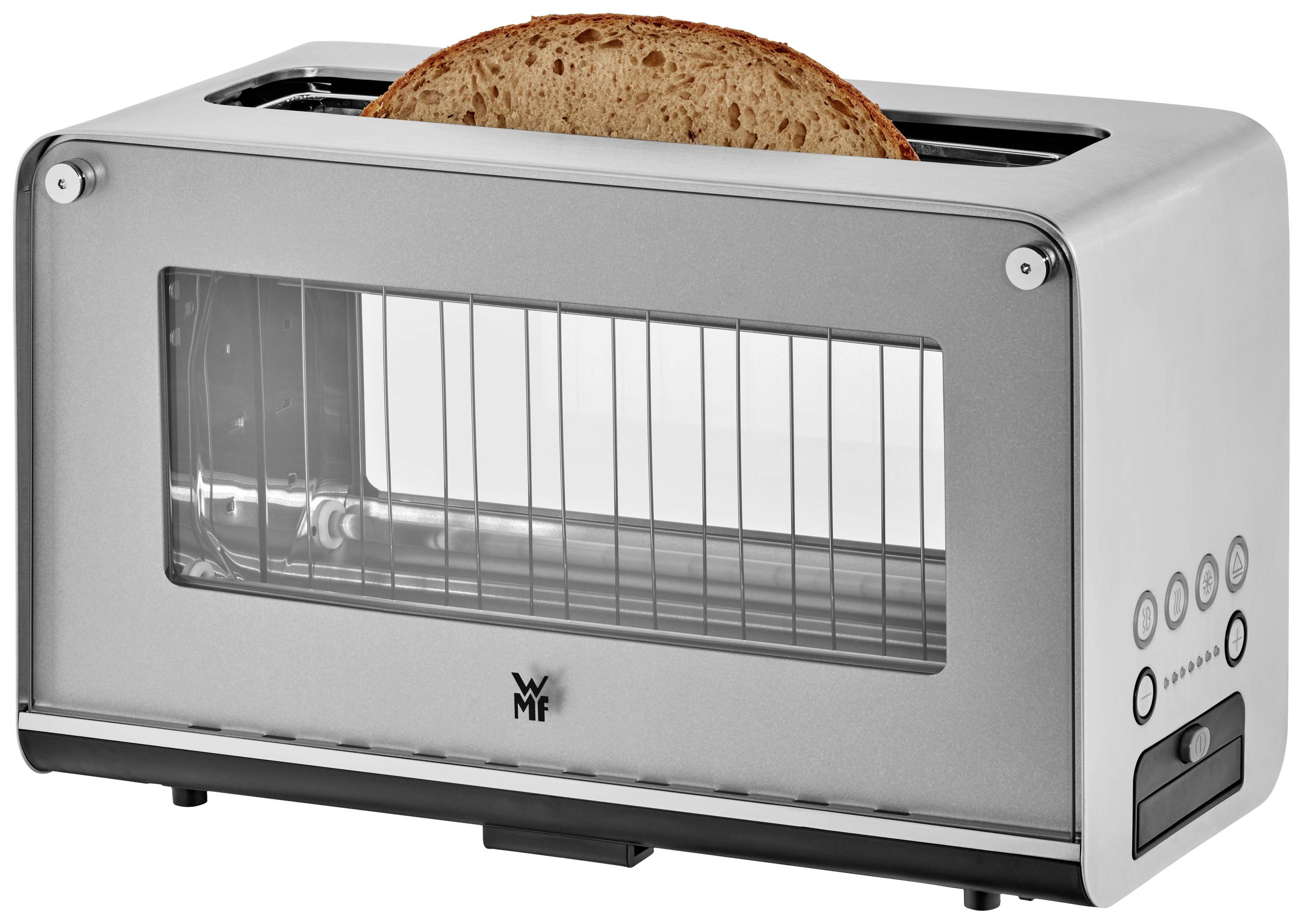 Un tostapane con la parte anteriore in vetro mostra una fetta di pane all'interno, pronta per essere tostata. I pulsanti di controllo sono posizionati sul lato destro.