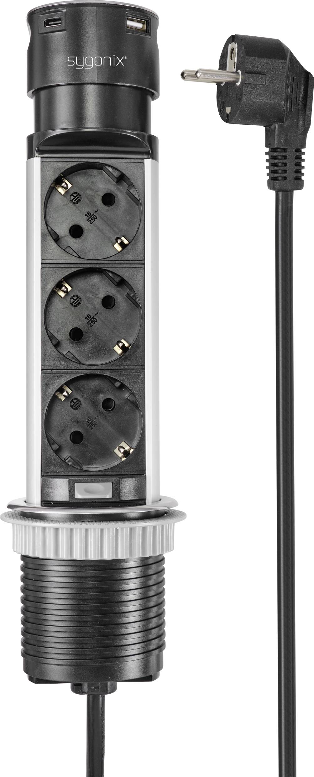 Una multipresa estraibile con tre prese elettriche e porte USB, ideale per l'installazione in piani di lavoro o superfici.