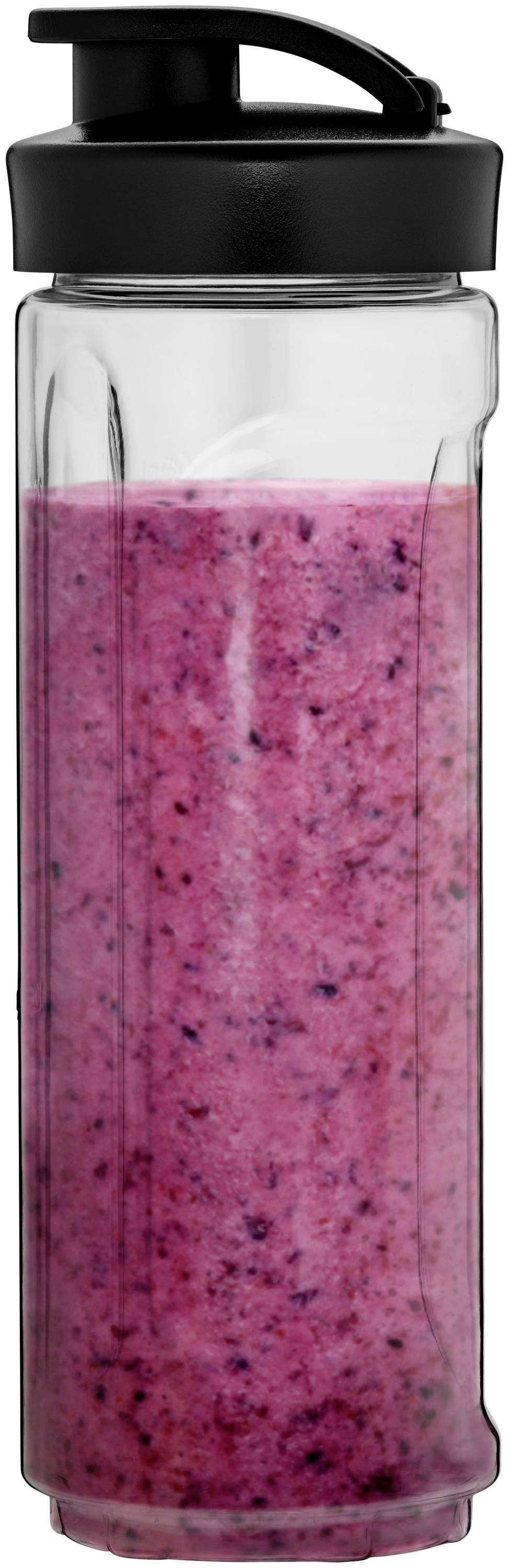 Bottiglia di plastica trasparente riempita con smoothie rosa; coperchio nero.