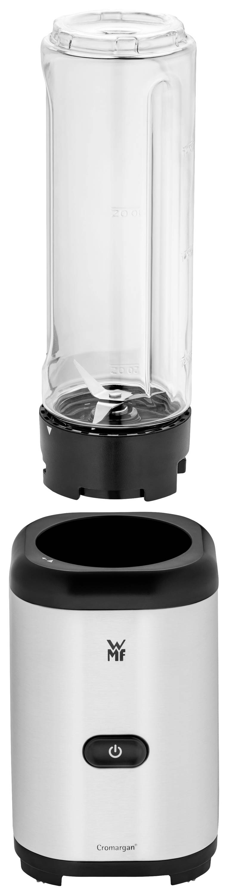 Frullatore con contenitore rimovibile trasparente e base in acciaio inox. Dotato di pulsante di accensione/spegnimento.