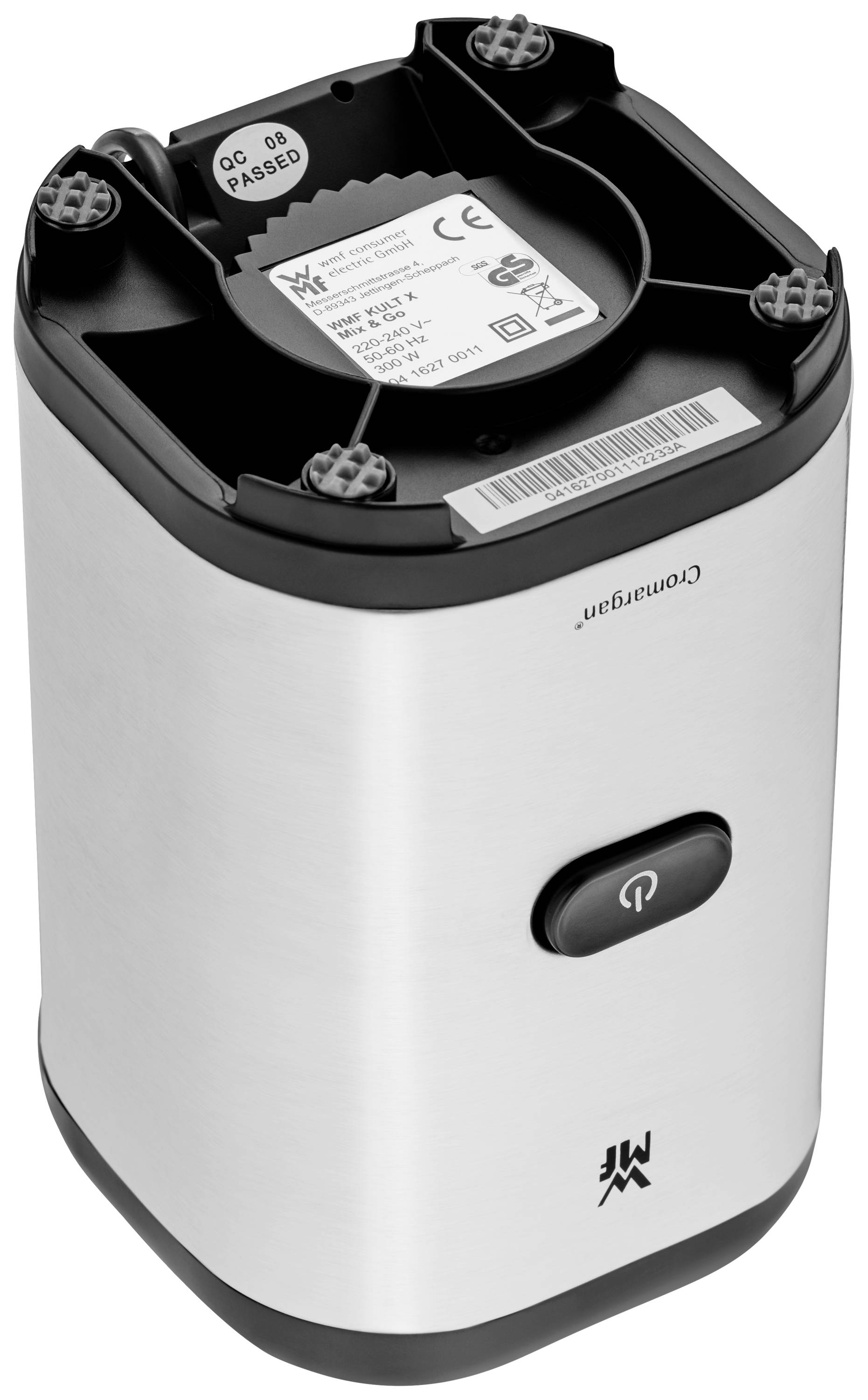 Macinaspezie elettrico con motore in acciaio inossidabile, coperchio nero e interruttore on/off; adatto alla macinatura di spezie.