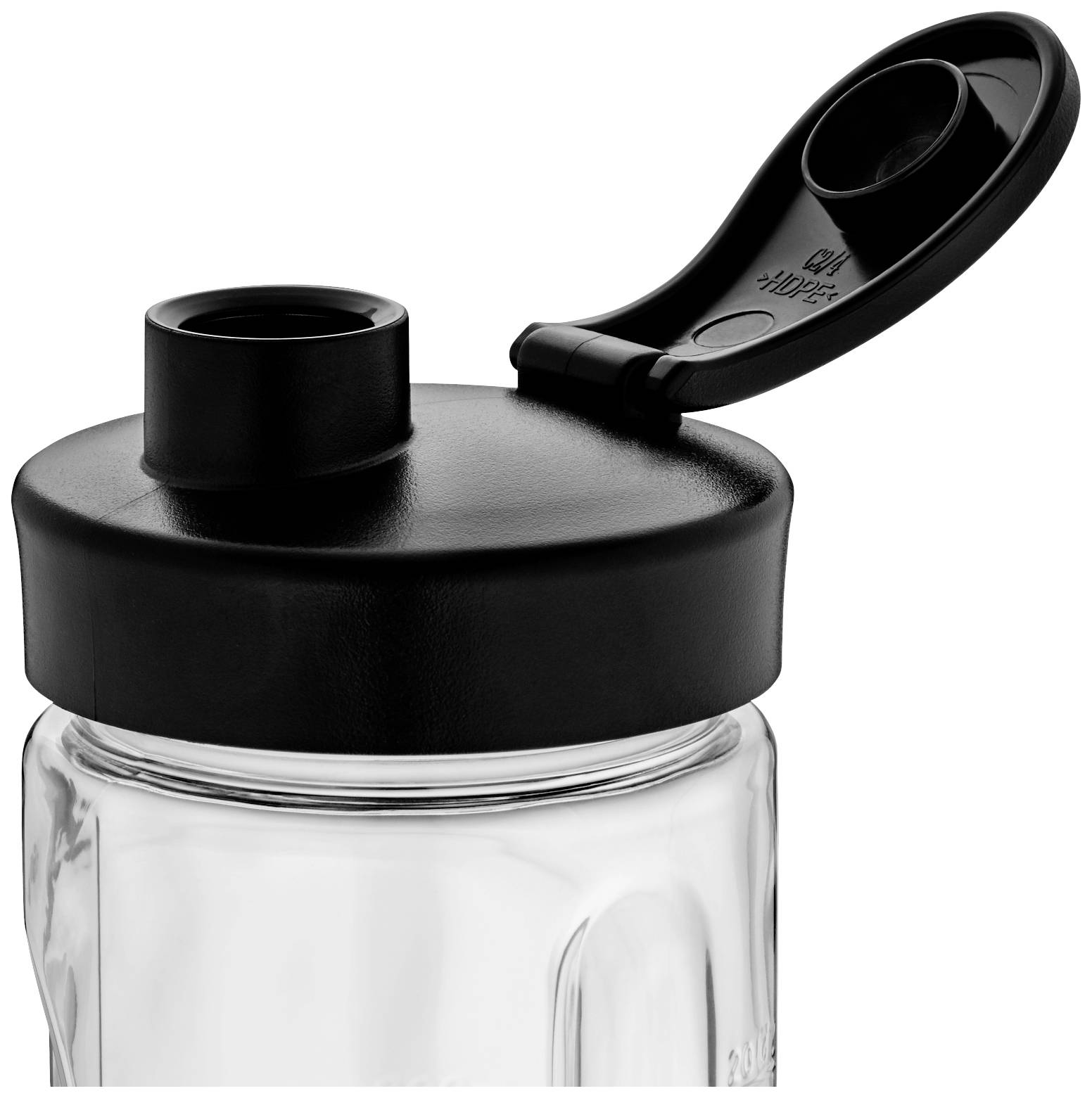 Un tappo trasparente per bottiglia d'acqua in plastica con un coperchio nero aperto.