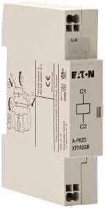 Dispositivo elettrico Eaton, numero modello A-PKZ0 XTPAXSR, design rettangolare con connessioni superiori e inferiori, contrassegnato CE.
