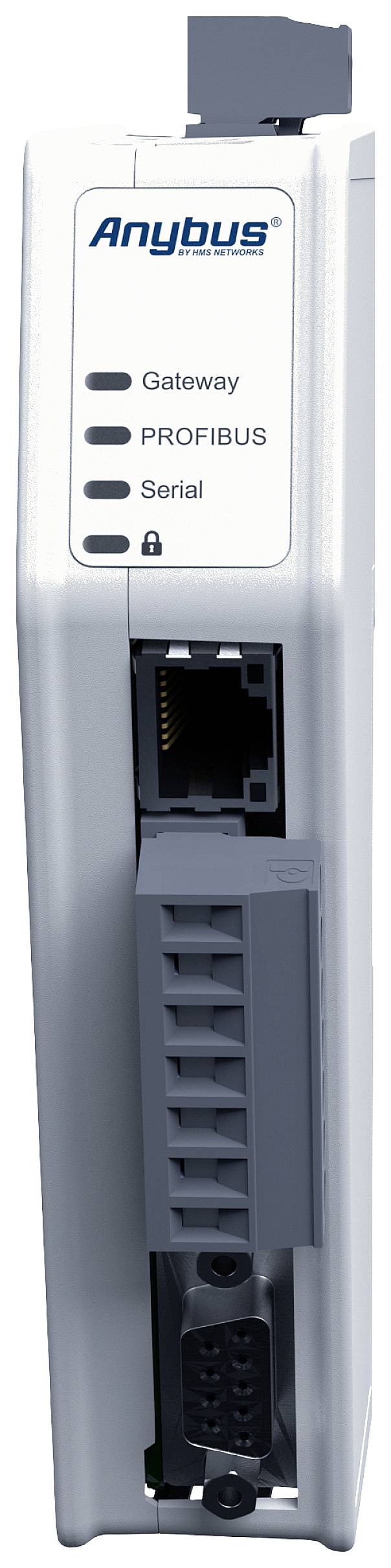 Un gateway Anybus con porte per PROFIBUS e comunicazione seriale. Progettato per connettività di rete industriale.