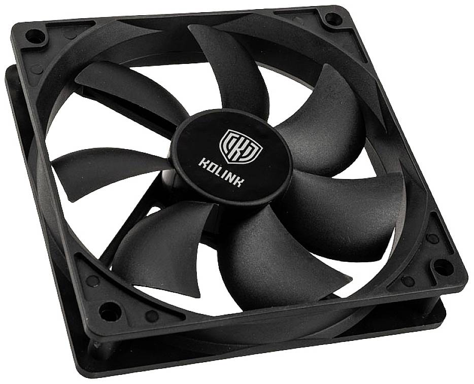 Un ventilatore nero per computer con cinque pale, montato in una cornice quadrata.