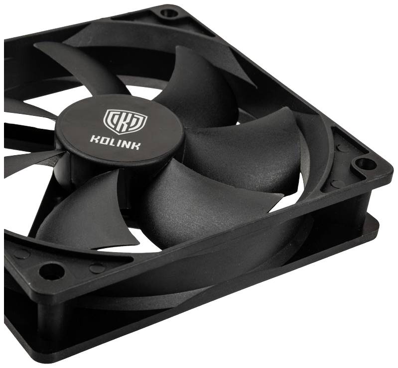 Un ventilatore nero per computer con il logo 'KOLINK' al centro. Il ventilatore ha quattro pale ed è montato in una cornice quadrata.