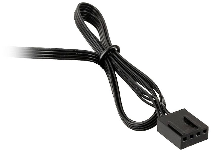 Cavo per computer intrecciato nero con un connettore a quattro poli, idoneo per connessioni interne nei PC.