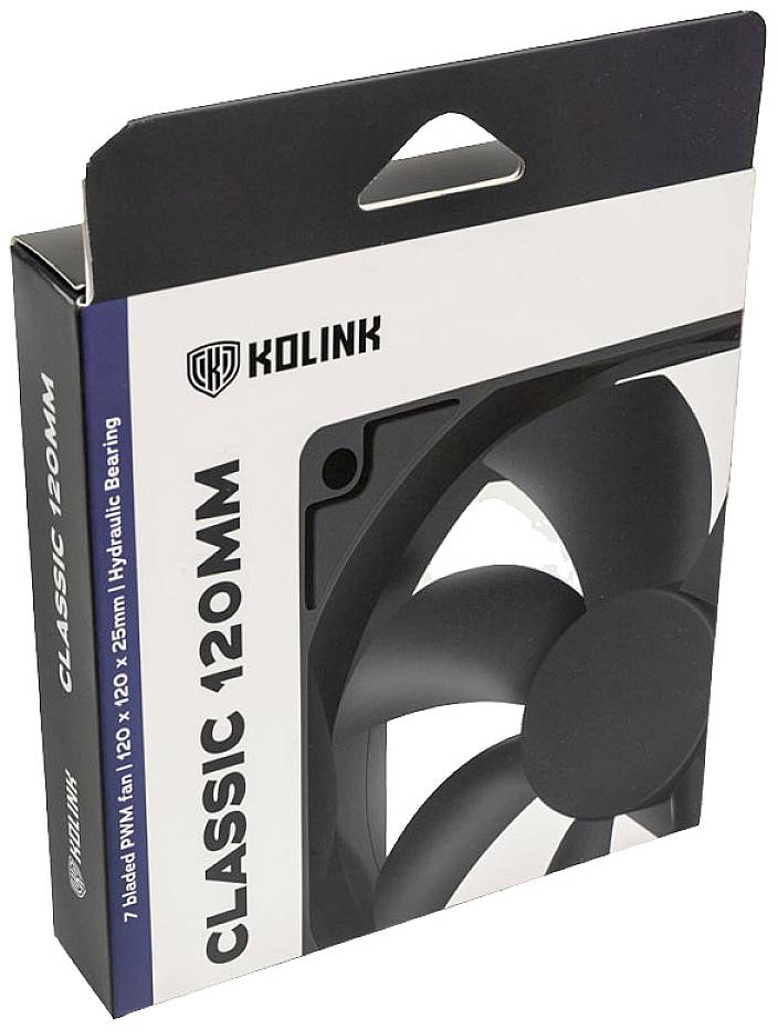Confezione di un ventilatore per computer del marchio Kolink, modello 'Classic 120mm', mostra l'immagine del ventilatore nero sulla scatola.