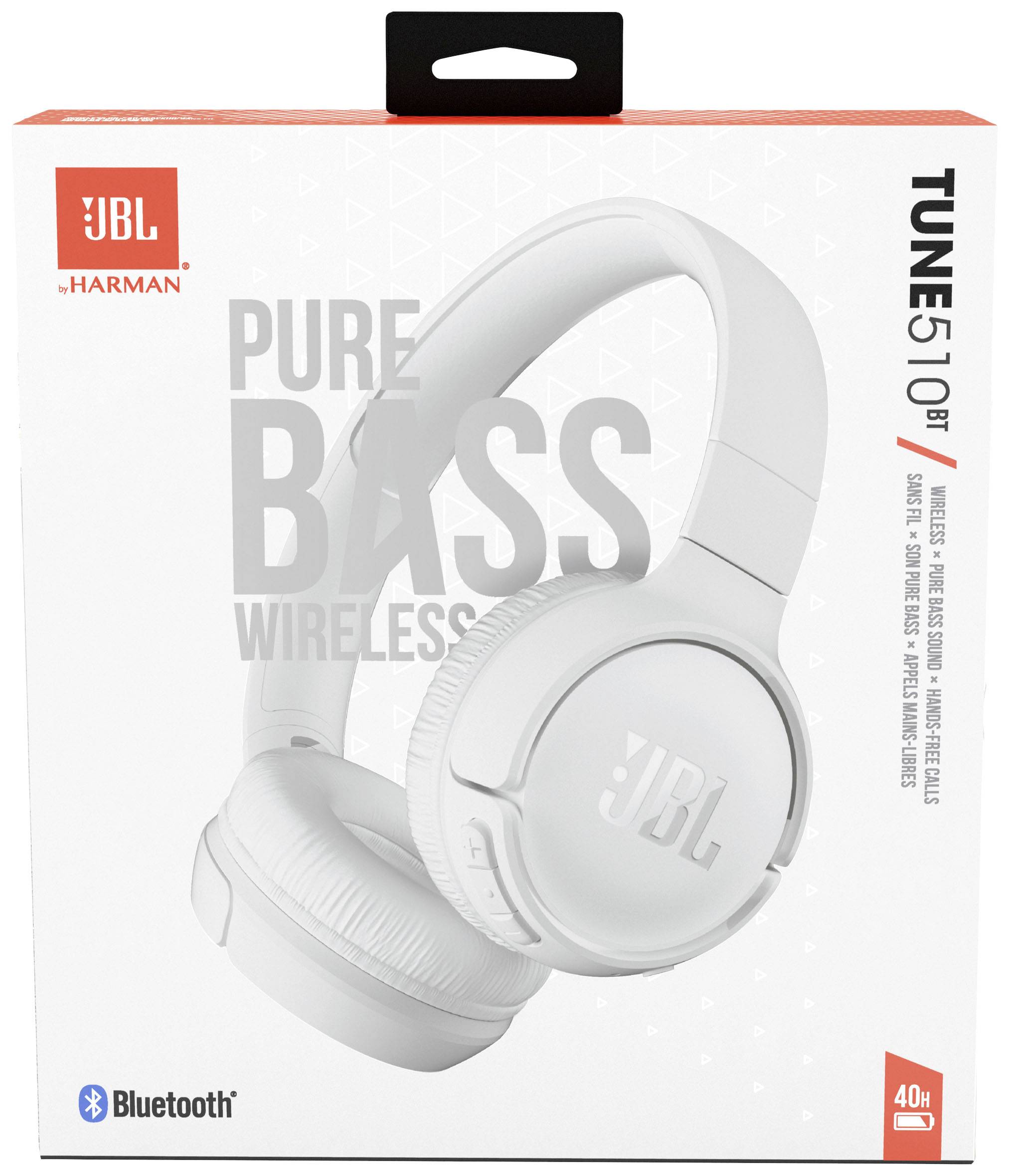 Confezione di cuffie JBL modello 'Tune 510 BT'. Funzioni: Pure Bass, wireless, durata batteria di 40 ore, Bluetooth.