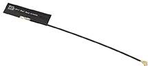 Un cavo antenna nero e bianco con un connettore rettangolare e una spina dorata all'estremità.