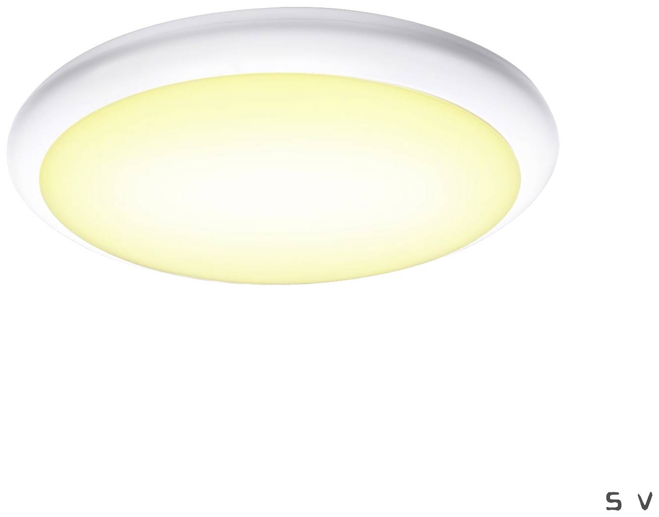 Una plafoniera rotonda, bianca che emana una luce calda e gialla in modo uniforme in una stanza.
