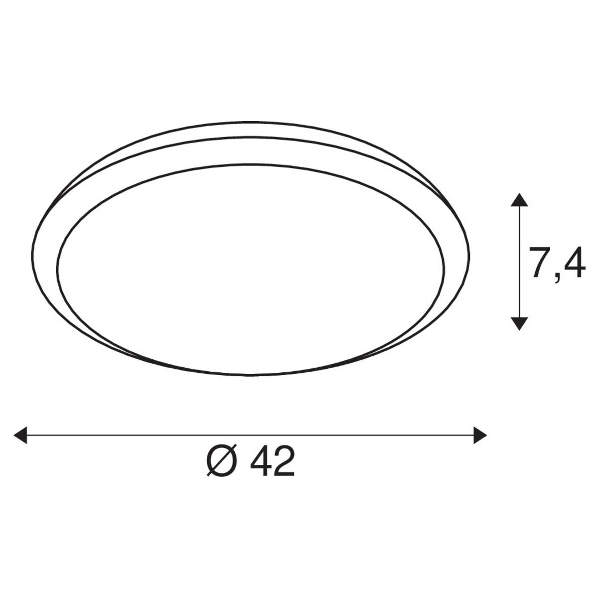 Diagramma di un'applique da soffitto rotonda con un diametro di 42 cm e un'altezza di 7,4 cm.