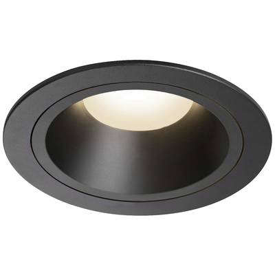 Faretto da incasso nero-grigio con cornice rotonda e luce LED integrata che illumina con un calore bianco. Adatto per interni.