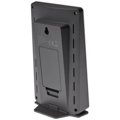 Un dispositivo elettronico nero a forma di parallelepipedo con opzione di montaggio a parete e vano batteria nella parte posteriore.