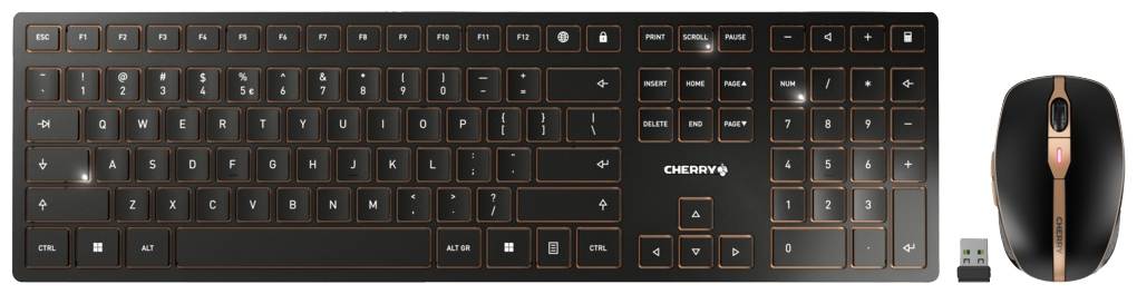 Set tastiera e mouse wireless in nero con accenti in rame. Include un ricevitore USB. Marchio 'CHERRY'.