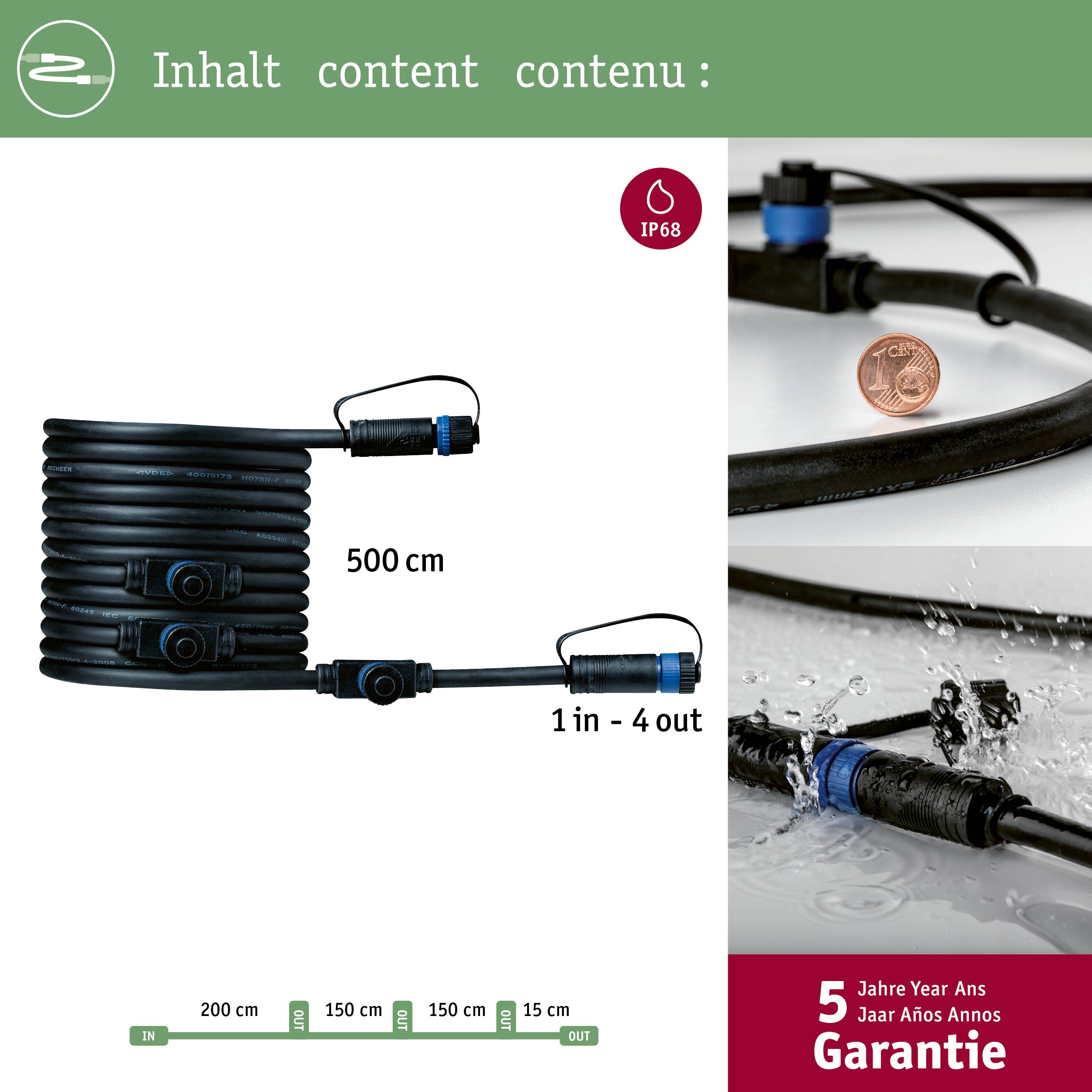 'Immagine di un cavo di prolunga con quattro uscite, certificato IP68. Lunghezza: 500 cm. Garanzia: 5 anni. Moneta come scala.'