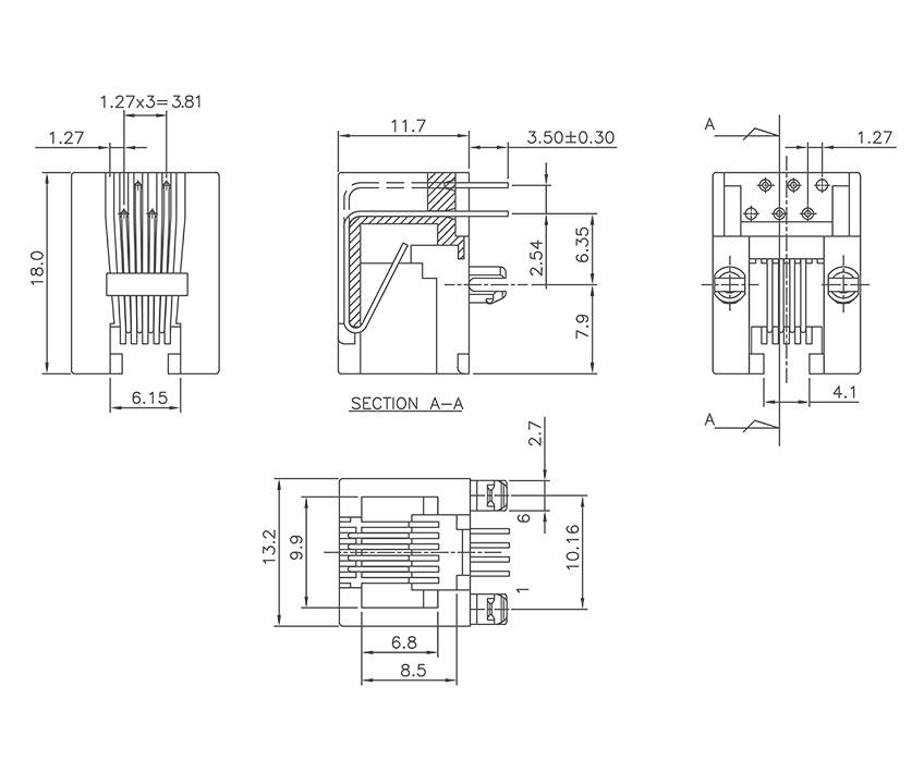 Disegno tecnico di un connettore elettrico con diverse viste e quote, che mostra distanze e componenti.