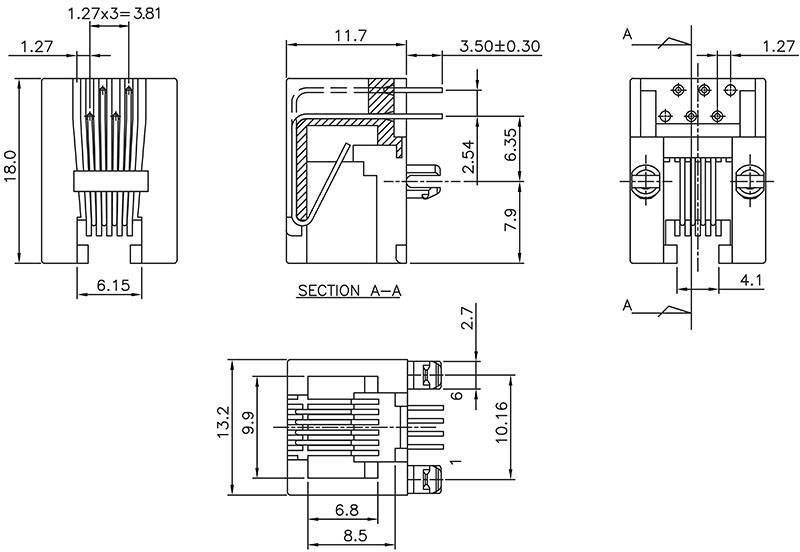 Disegno tecnico di un connettore, mostra le viste frontale, laterale e la sezione A-A con misure precise.