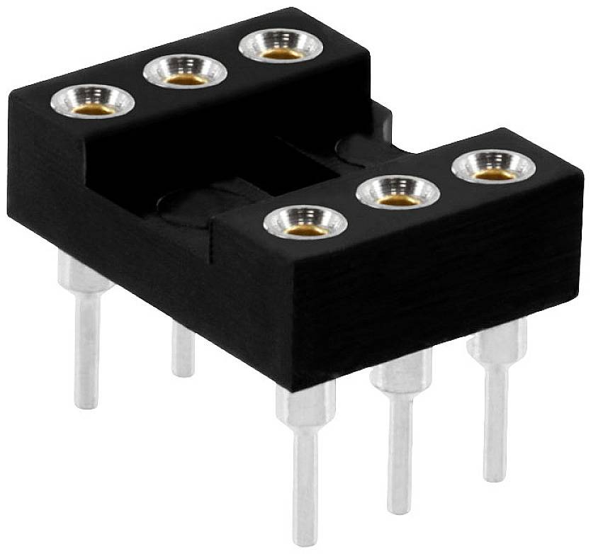 Un piedistallo nero rettangolare con sei incavi rotondi e sei perni metallici sottostanti, probabilmente un componente elettronico.