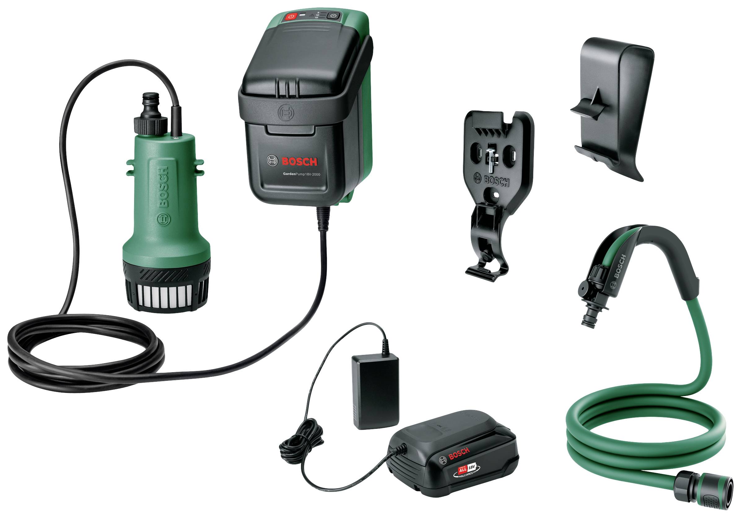 Una pompa da giardino verde Bosch con cavo, caricabatterie, batteria e accessori su sfondo bianco. Adatta per applicazioni di pompaggio dell'acqua.